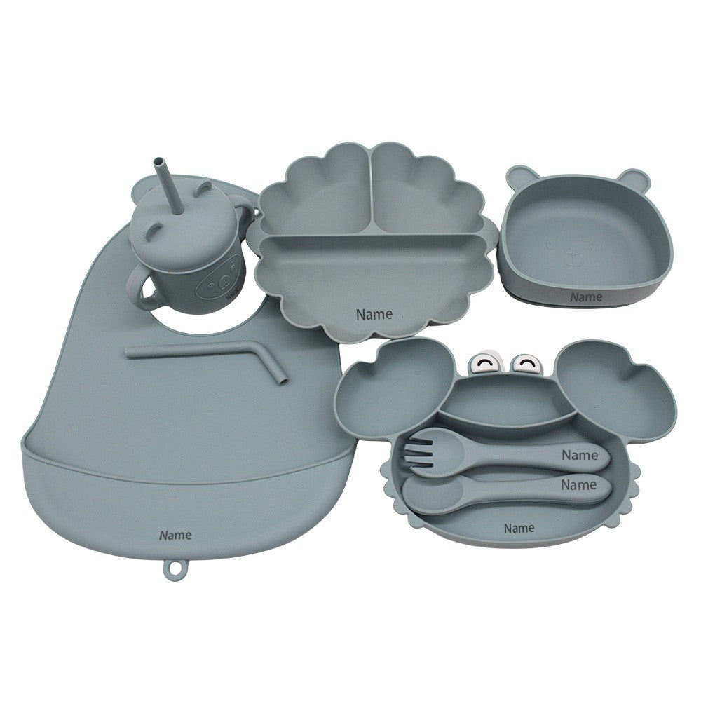 Free Name Printing Children's Tableware Set: Bib, Plate, Cup, Fork & Spoon. Silicone Material. Personalized Gift.