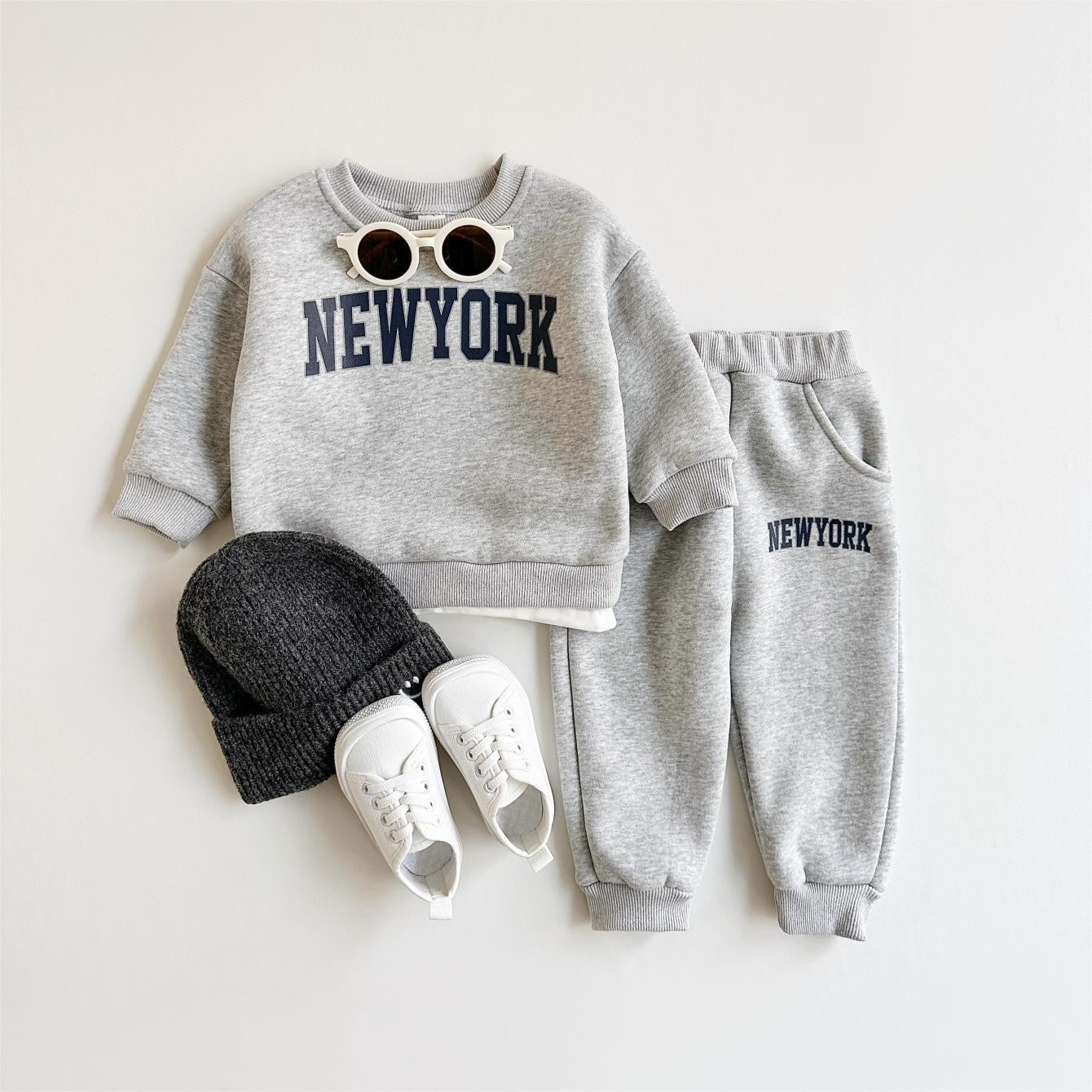 2 Peças Conjunto Roupa Bebê Meninos Meninas Estampa NewYork Top Esportivo Calça Terno Moletom Inverno Roupa Criança Recém-nascido Grosso