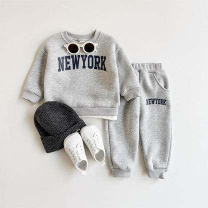 2 Peças Conjunto Roupa Bebê Meninos Meninas Estampa NewYork Top Esportivo Calça Terno Moletom Inverno Roupa Criança Recém-nascido Grosso