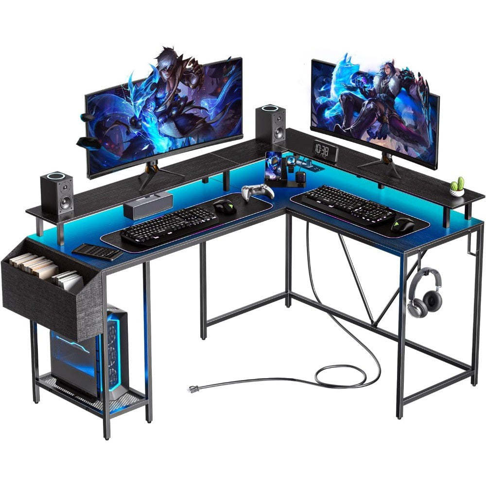 53inch L Shaped Desk,L Shaped Gaming Desk with Power Outlets & LED Lights, Computer Desk with Monitor Stand & Storage Bag, Home