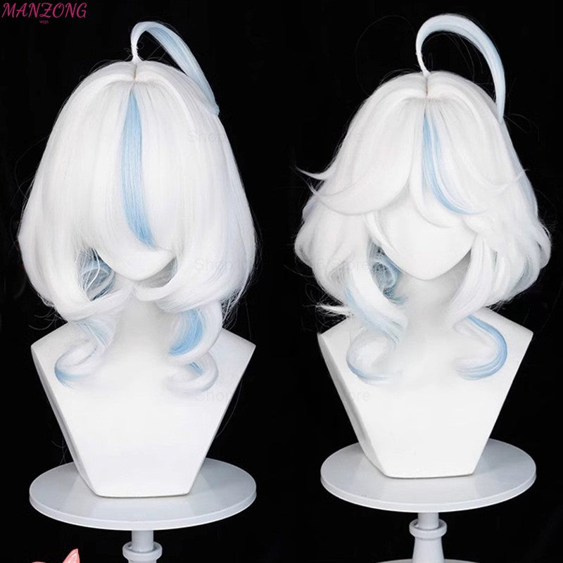 Peruca Curta Furina Peruca Cosplay Focalors Curta Prata Branca Azul Peruca Cosplay Anime Perucas Cosplay Resistente ao Calor Sintética + Touca de Peruca