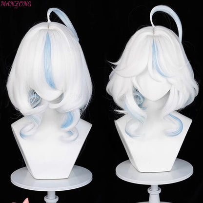 Peruca Curta Furina Peruca Cosplay Focalors Curta Prata Branca Azul Peruca Cosplay Anime Perucas Cosplay Resistente ao Calor Sintética + Touca de Peruca