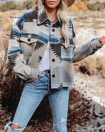 Vintage Jacket Women Splicing Loose Jacket Denim Print Aztec Retro Ethnic Style Long Sleeved Shirt Streetwear Female Goth Coat