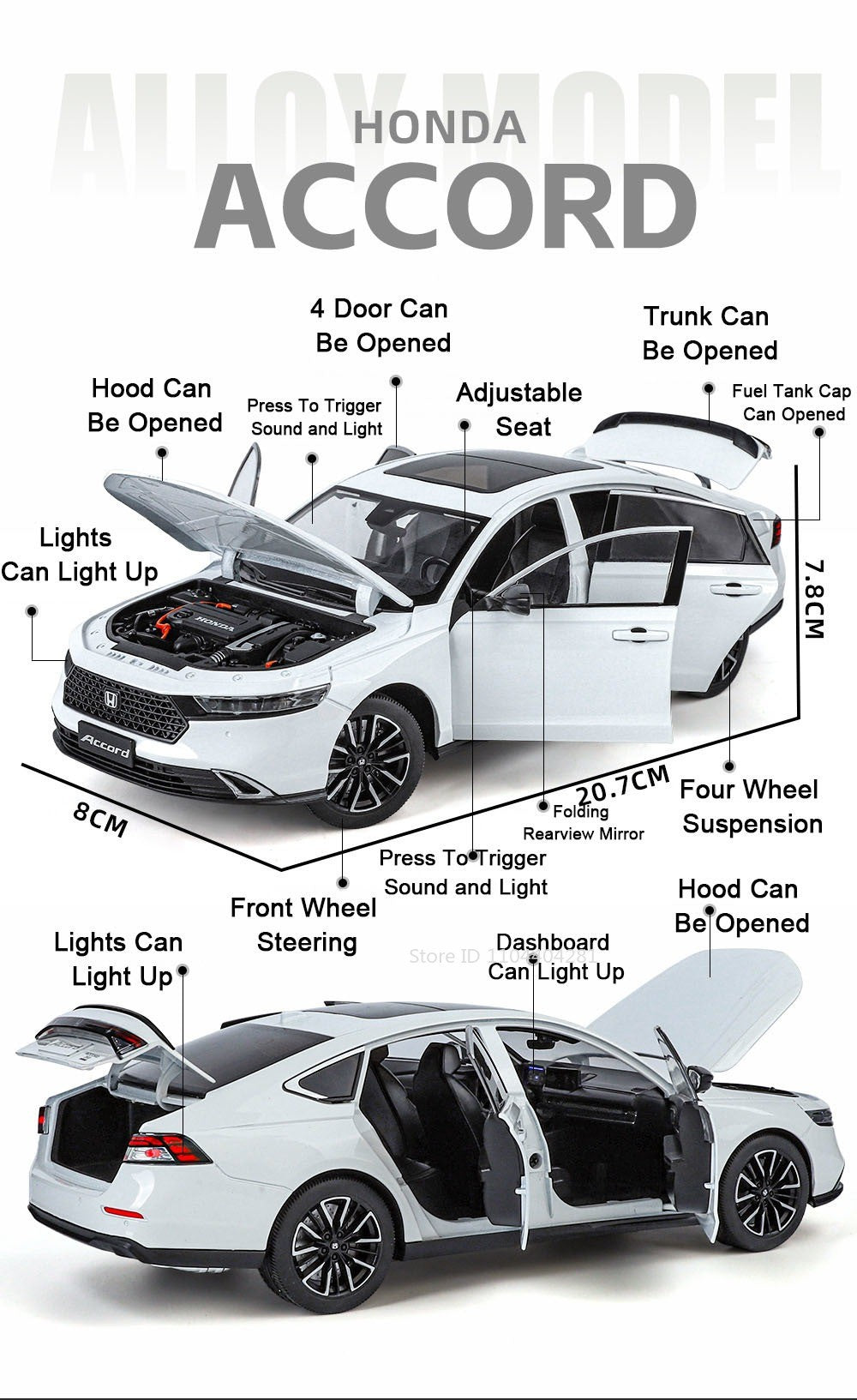 1:18 HONDA Accord Liga Miniatura Modelo Diecast Brinquedo Porta Aberta Som Luz Puxar para Trás Direção Roda Dianteira Presente de Aniversário Clássico