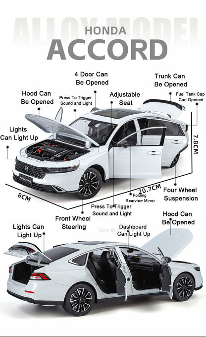 1:18 HONDA Accord Liga Miniatura Modelo Diecast Brinquedo Porta Aberta Som Luz Puxar para Trás Direção Roda Dianteira Presente de Aniversário Clássico