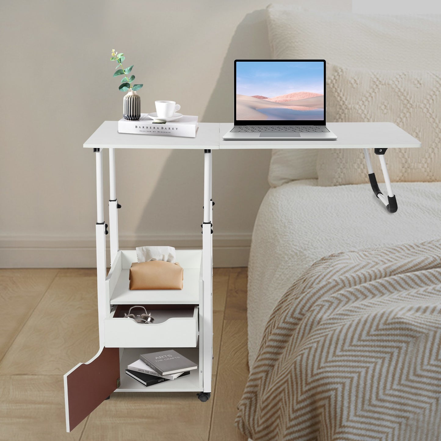 Foldable Laptop Desk with Wheels Height Adjustable Bedside Computer Table Portable Bedroom Office Table