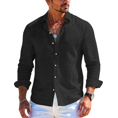 Men's tops long sleeve new style shirt cotton linen cool solid color loose lapel casual beach style cardigan spring and summer