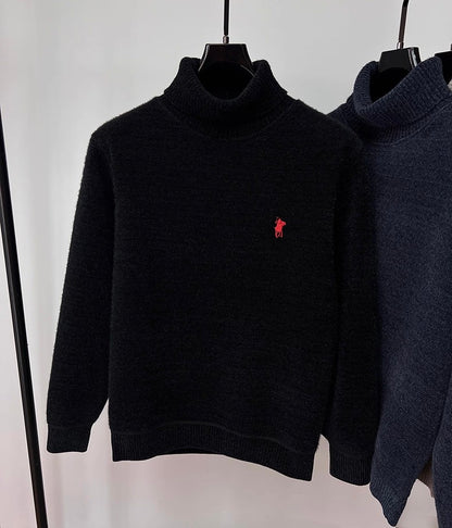 High end brand velvet sweater men's new fashion designer exquisite pony embroidery winter thick warm high neck knitted pullover