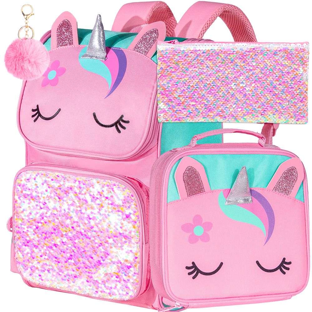 3PCS Unicorn Backpack, 15" Girls Sequin Bookbag with Lunch Box, Purple Kids School Bag for Elementary 2 sold