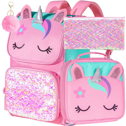 3PCS Unicorn Backpack, 15" Girls Sequin Bookbag with Lunch Box, Purple Kids School Bag for Elementary 2 sold