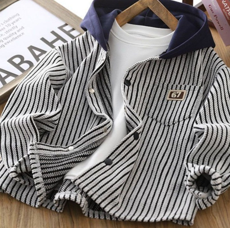 2025 Spring New Childrens 67 Striped Hooded Cardigan Sweatshirt