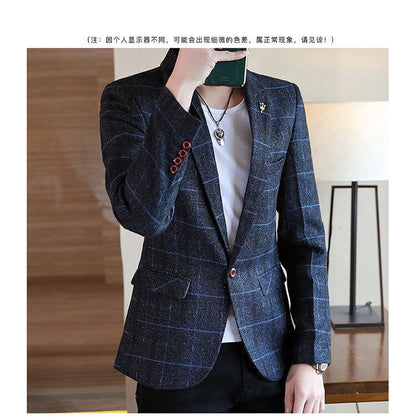 Men's casual plaid suit jacket, fashionable and versatile slim-fitting top, stylish plaid suit