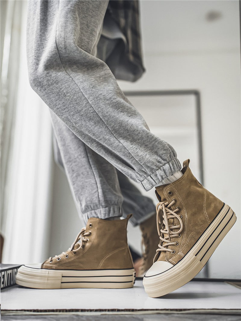 Novos Sapatos Masculinos de Cano Alto com Sola Plana, Botas de Trabalho Casuais para Exteriores com Sola Grossa, Sapatos Masculinos para Caminhada, Tênis de Lona de Cano Alto para Casais
