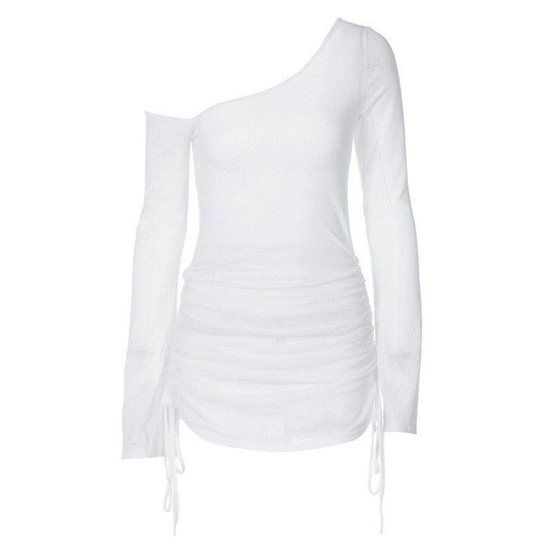 Dulzura Solid Skew Collar Ruched Straps Lace-Up See Through Draw String Mini Dre