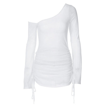 Dulzura Solid Skew Collar Ruched Straps Lace-Up See Through Draw String Mini Dre