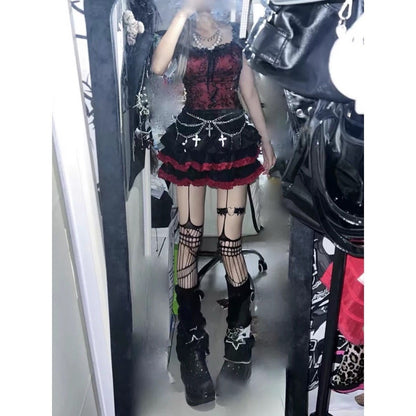 Punk Skirt Cross Woman Clothing Short Dress Goth 90s Y2K Kawaii Vintage Japan Harajuku Ball Gown Grunge Fashion Summer Hot Girl