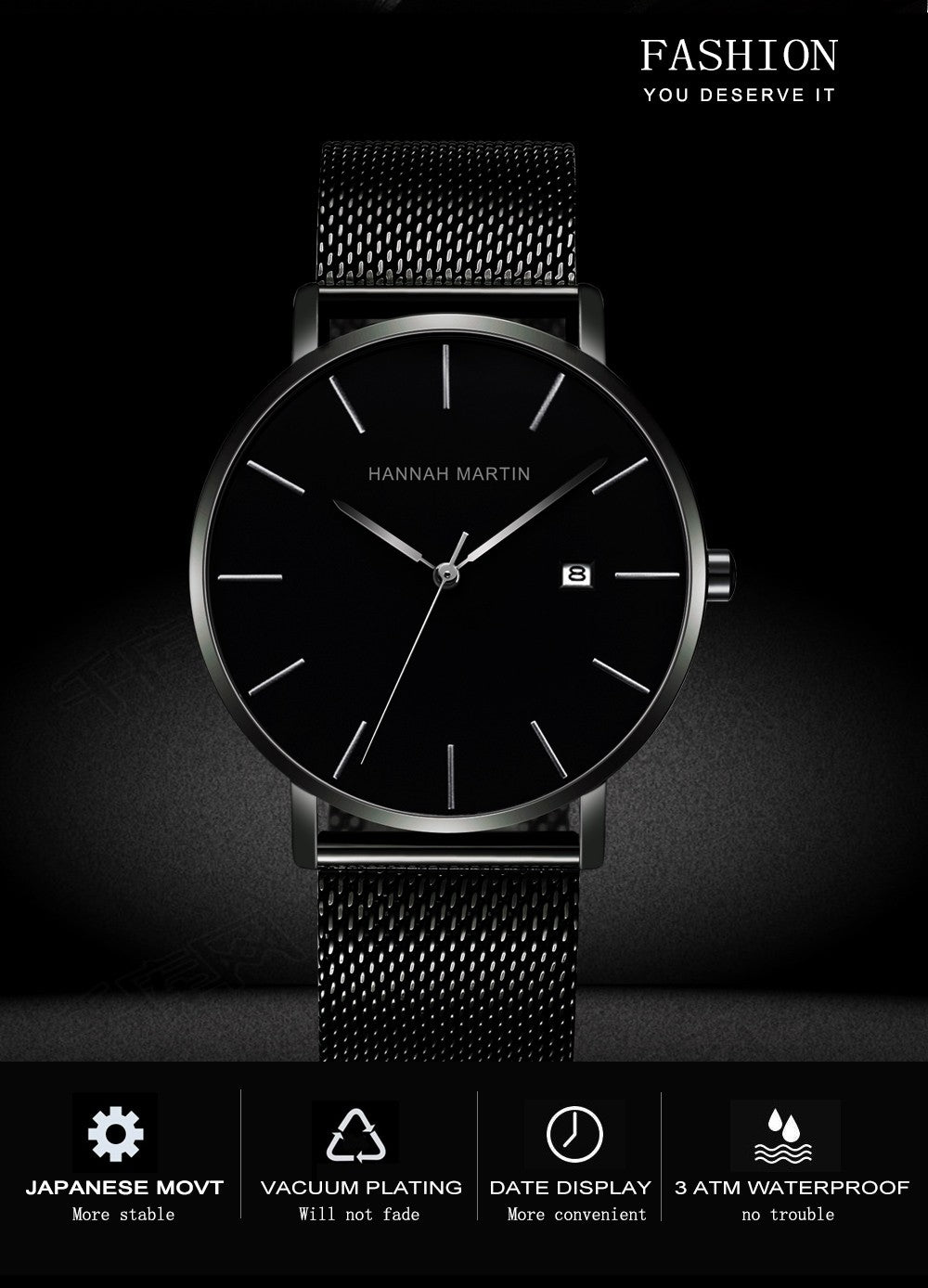 Classic Bauhaus Design Men Watch Dark Blue  Japan Quartz Waterproof Stainless Steel Fashion Business Calendar Ultra Thin Watches