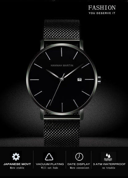 Classic Bauhaus Design Men Watch Dark Blue  Japan Quartz Waterproof Stainless Steel Fashion Business Calendar Ultra Thin Watches