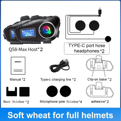 Capacete de motocicleta Q58 Max Bluetooth Intercom IP65 à prova d'água Distância de intercomunicação de 500 metros Compartilhamento de música mista em várias cenas