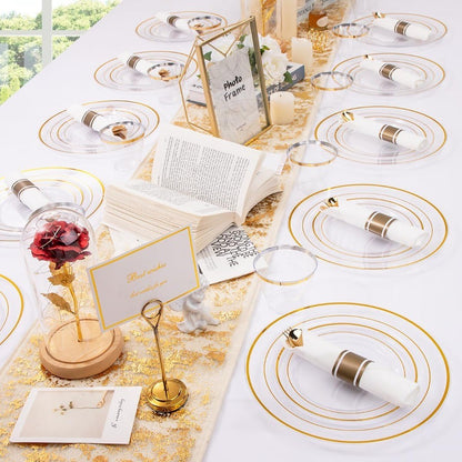 350PCS Clear Gold Plastic Dinnerware Set for 50 Guests Thanksgiving Plates Disposable Include: 50 Dinner Plates 50 Dessert Plat