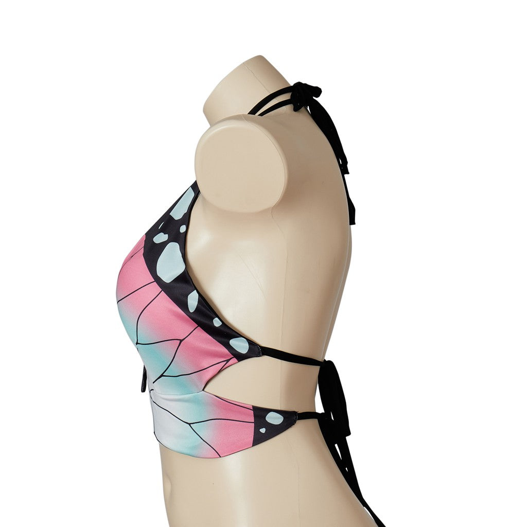 Kochou Shinobu Cosplay Costume Bustier Top Sexy Halter Neck Bikini Underwear Bathing Suit Swimsuit Halloween Beach Swimwear