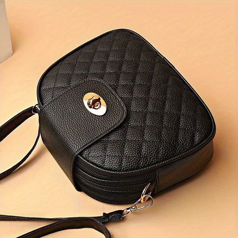 Small Quilted Crossbody Bag, Stylish PU Leather Shoulder Purse with Vintage Round Shape, Trendy Accent - Perfect for Daily Use