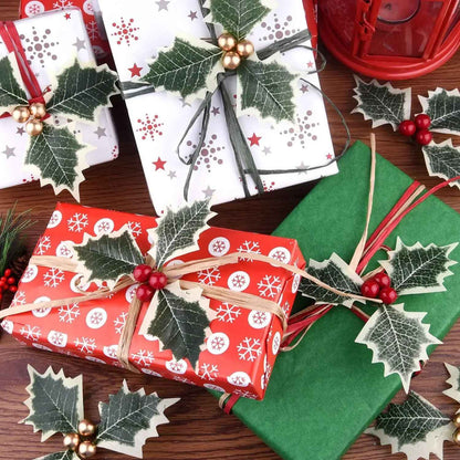 5-100Pcs Artificial Holly Berry Green Leaves Christmas Ornaments Gold Red Holly Berry Stems Xmas Tree Wreath Gifts Party Decor