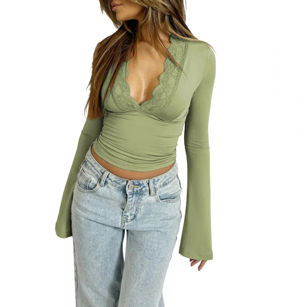 Women's Blouses Sexy Lace Deep V Neck Long Bell Sleeves Top Slim Fit Low Cut Sheer Mesh Shirt For Spring Fall Women's Clothing