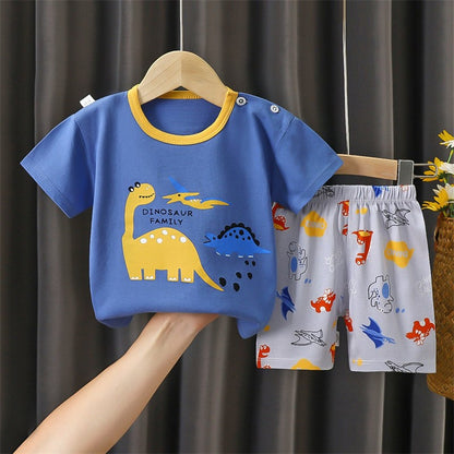 Cotton Pajama Cartoon T-Shirt+Shorts 2-Piece Clothing Set Kids Summer Baby Boys Girls Stripe Casual Tracksuit Clothes Suit 0-6 Y