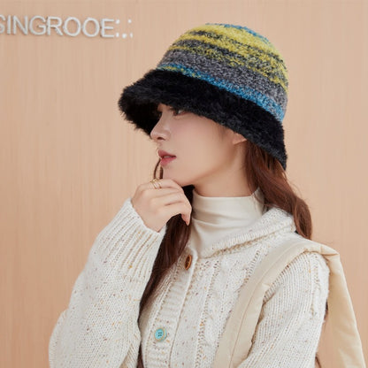 New Warm Luxury Bucket Hat For Women Plush Patchwork Autumn Winter Wool Felt Stripe Large Bucket Hat Colorful Faux Fur Hat Cap