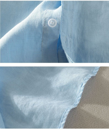 100% Linen Short Sleeve Shirt Men Cotton Linen Clothing Top Casual Summer Half Sleeve Shirt Loose Style Square Collar