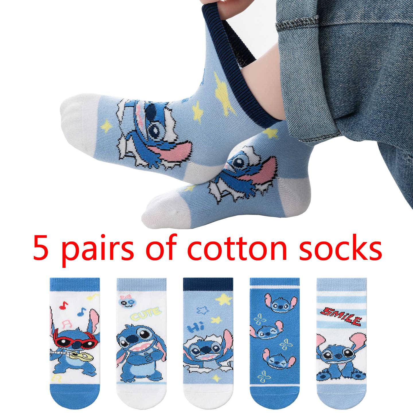 5 pares de meias de algodão de cano médio Kawaii Sanrio Cinnamoroll Kuromi para meninas e meninos, meias de algodão de cano médio de desenho animado para primavera e outono