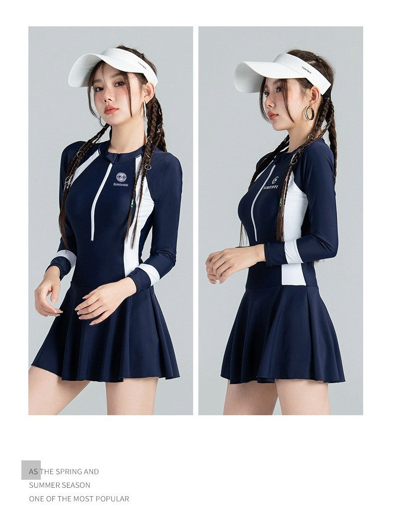 Black and White Color Matching One-piece Sports Small Chest Gathered To Cover The Belly Weight Swimming Sun Protection Swimsuit