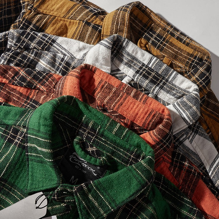 8112# Autumn New Japanese Retro Cargo Sueded Plaid Shirt Men's Fashion 100% Cotton Washed Old Pocket Long Sleeve Casual Blouses