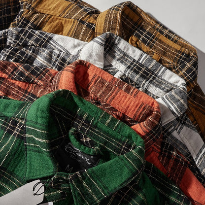 8112# Autumn New Japanese Retro Cargo Sueded Plaid Shirt Men's Fashion 100% Cotton Washed Old Pocket Long Sleeve Casual Blouses