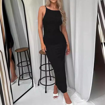 New Fashion Women's Solid Color Suspender U-neck Slim Dress Sexy Sleeveless Medium and Long Evening Dress Y2k Clothes 264
