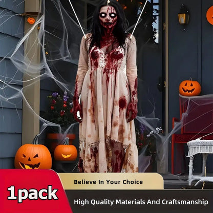 Large Halloween zombie woman Bloody Door banner - Horror party decoration, durable polyester fabric, haunted house, porch, home