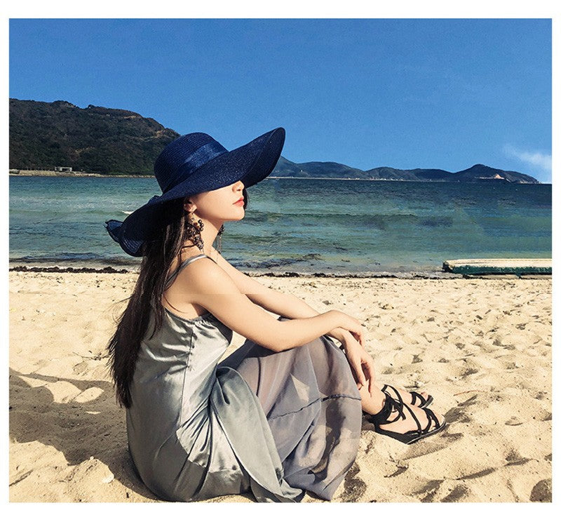 Women Summer Beach Travel Straw Hat Korean Seaside Big Hat Brim Sunblock Sunshade Holiday Foldable Fashion Big Cool Hat