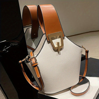 French-Inspired Elegant Beige Bucket Bag. Large Capacity, Golden Lock & Adjustable Strap. Perfect for Work, Travel & Daily Use.