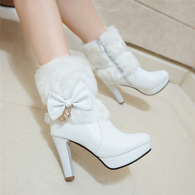 2025 New Fashion Womens Winter High Heel Boots Pink White Black Fur Tassel Bowtie Lovely Lolita Ladies Party Wedding Shoes