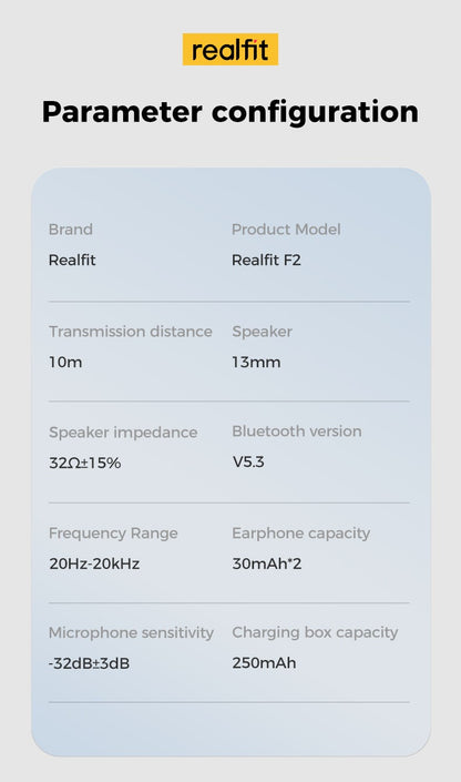 Fone de ouvido Bluetooth Realfit F2 Excelente Qualidade HIFI Fones de ouvido TWS sem fio Atacado para realme xiaomi