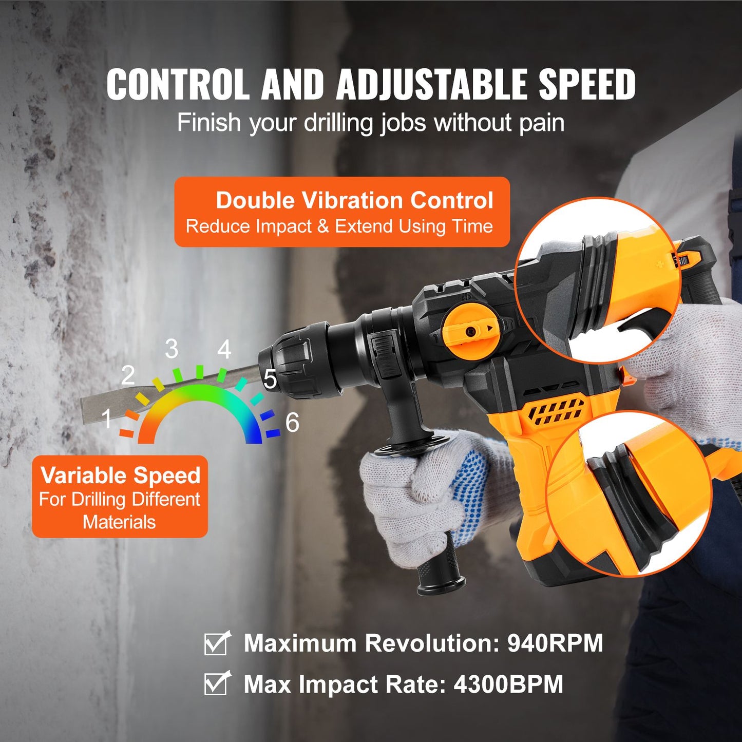 Furadeira de Impacto Rotativa SucceBuy 1500W Max. Perfuração 32mm 4 Modos Mais Disjuntor de Concreto de Metal para Demolição com Fio