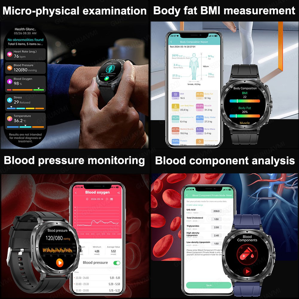Novo Relógio de Saúde Ácido Úrico Pressão Arterial Oxigênio no Sangue Análise Corporal Gordura Corporal Smartwatch ECG+PPG Chamada Bluetooth Relógio Mulheres Homens
