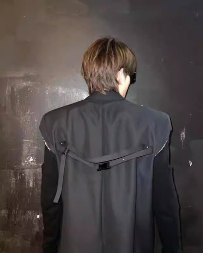 High Street Men's and Women's RO Dark Show Knitted Edge Splicing Sleeve Wide Shoulder Windbreaker Coat Medium Length Blazer Coat