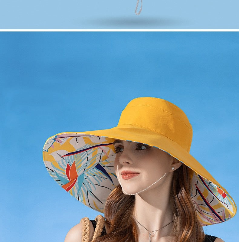 Chapéu Feminino de Verão Dupla Face com Aba Larga Proteção Solar Flor Praia Elegante Ao Ar Livre Protetor Solar Atacado Novo