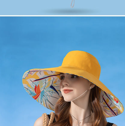 Chapéu Feminino de Verão Dupla Face com Aba Larga Proteção Solar Flor Praia Elegante Ao Ar Livre Protetor Solar Atacado Novo