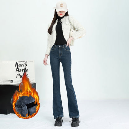 Winter Female Thin Snow Warm Plush Jeans Lady Chic Fleece Flared Pants Girls Korean High Waist Straight Leg Denim Trousers