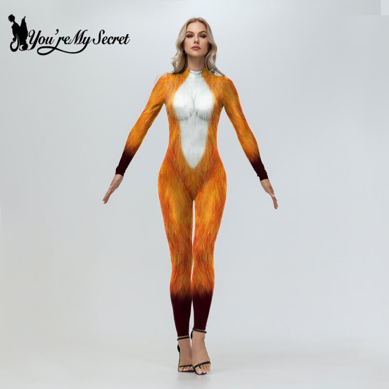 [You're My Secret] Adult Fox Leopard Print Animal Costume Halloween Purim Carnival Party Cosplay Costume Jumpsuit Zenti Bodysuit