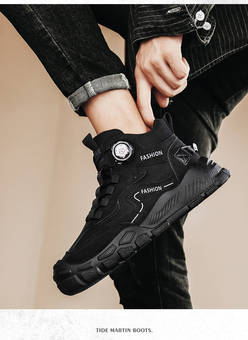 High-Top Men's Shoes for Winter, Thick-Soled Sports Shoes, British Style Retro Work Shoes, Rotating Buckle Casual Boots