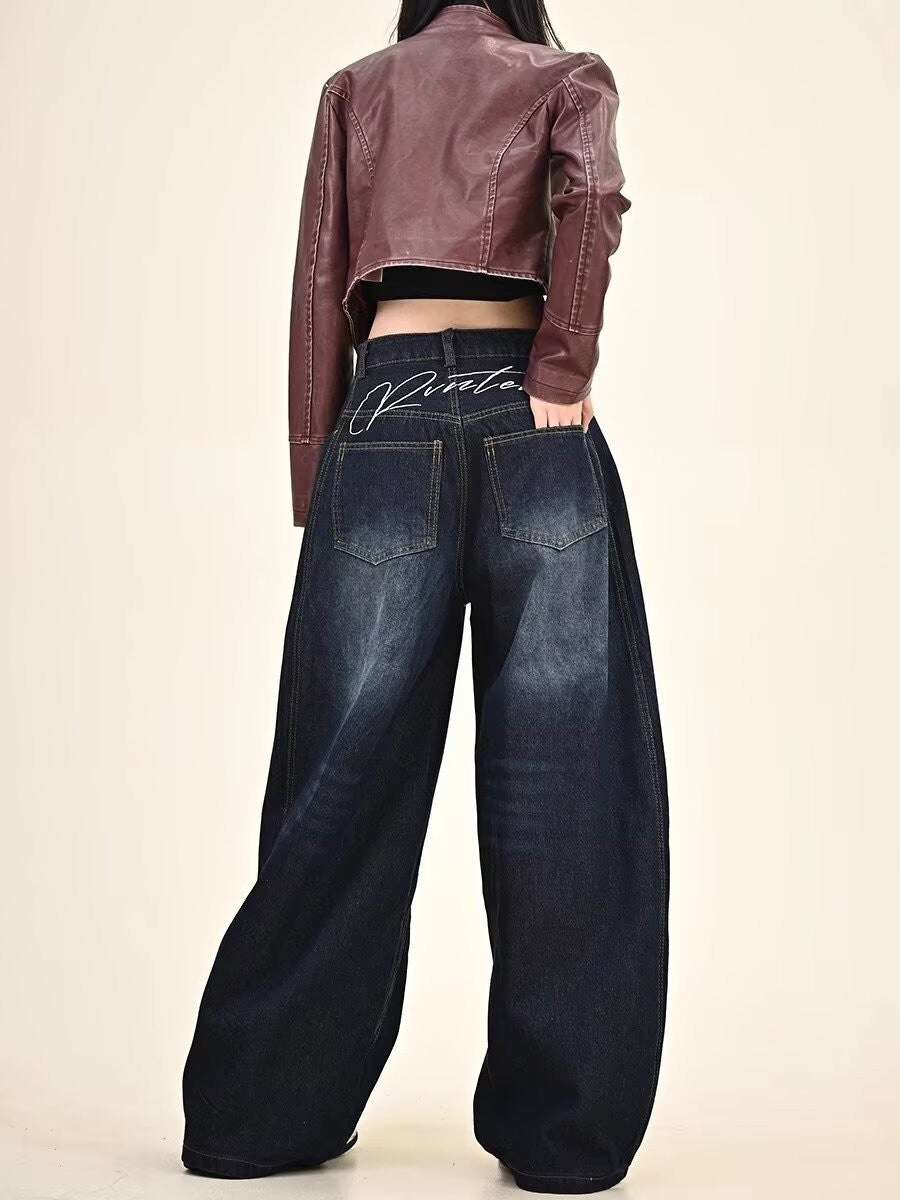 Embroidery pattern American hip-hop style women's jeans vintage loose-fitting long pants Y2K street style wide-leg unisex jeans